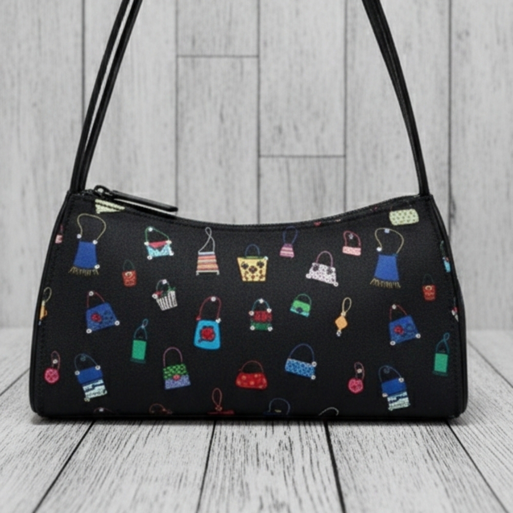 Stylish Black Handbag with Colorful Print